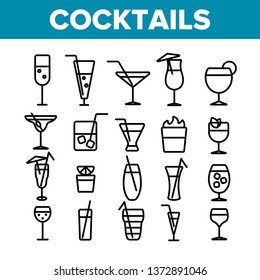 Cocktails, Alcohol and Soft Drinks Linear Icons Set. Alcoholic Beverages Thin Line Contour Symbols Pack. Shots Collection. Various Cocktail Liquors. Bar Beverages Outline Vector Illustrations