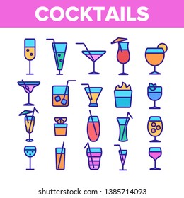 Cocktails, Alcohol and Soft Drinks Linear Icons Set. Alcoholic Beverages Thin Line Contour Symbols Pack. Shots Collection. Various Cocktail Liquors. Bar Beverages Outline Vector Illustrations