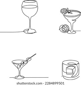 Cocktails, alcohol, whiskey, champagne -drawing one line