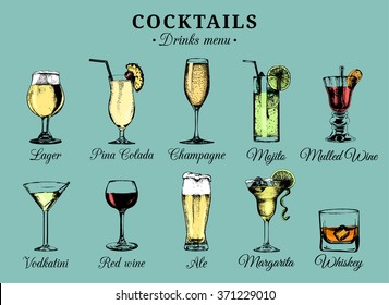 Cocktails and alcoholic beverages glasses hand drawn illustrations. Vector drinks sketches set: pina colada, margarita, red wine, mojito, vodkatini, champagne, beer, whiskey etc.