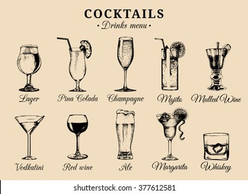 Cocktails and alcoholic beverages glasses hand drawn illustrations. Vector drinks sketches set: pina colada, margarita, red wine, mojito, vodkatini, champagne, beer, whiskey etc.