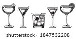 Cocktails alcoholic daiquiri, old fashioned, manhattan, martini, sidecar glass hand drawn engraving vector illustration. Isolated black and white vintage style drinks set. 