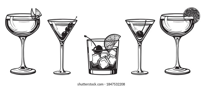 Cocktails alcoholic daiquiri, old fashioned, manhattan, martini, sidecar glass hand drawn engraving vector illustration. Isolated black and white vintage style drinks set. 