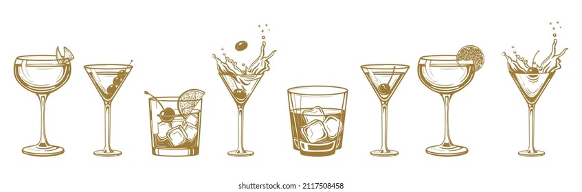 Cocktails alcoholic daiquiri, old fashioned, manhattan, martini, sidecar glass hand drawn engraving vector illustration. Isolated black and white vintage style drinks set. 