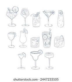 Cocktails alcoholic drinks vector daiquiri, old fashioned, manhattan, martini, margarita, gin and tonic, mimosa, negroni, cosmopolitcan hand drawn brush doodle vector illustration vintage style.