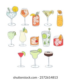 Cocktails alcoholic drinks vector daiquiri, old fashioned, manhattan, martini, margarita, gin and tonic, mimosa, negroni, cosmopolitan colored hand drawn brush doodle vector illustration vintage style