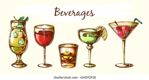 Cocktails and alcoholic drinks. Vector set of objects drawn by hand. Isolated on white background.