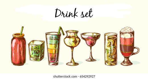 Cocktails and alcoholic drinks. Vector set of objects drawn by hand. Isolated on white background.