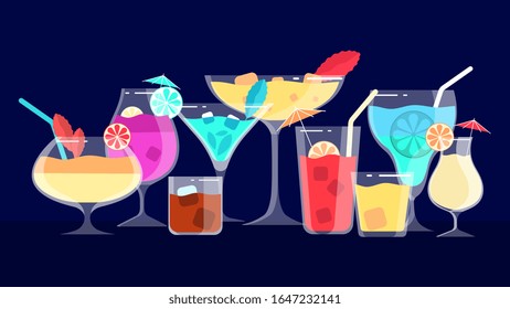 Cocktails. Alcoholic and non-alcoholic drinks. Bar or cafe or restaurant menu banner. Evening and night beverages vector illustration