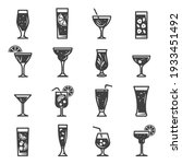 Cocktails assortment bold black silhouette icons set isolated on white. Summer beverage in glass cup with straw, lemon slice, ice cubes pictograms collection, logos. Drinks vector elements for web.