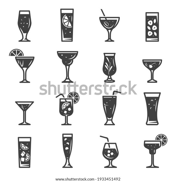 Cocktails assortment bold black silhouette icons set\
isolated on white. Summer beverage in glass cup with straw, lemon\
slice, ice cubes pictograms collection, logos. Drinks vector\
elements for web.