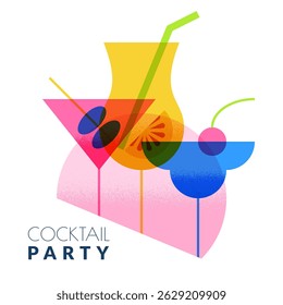 Cocktails bar clube rótulo vetorial, design de logotipo. Ilustração geométrica plana moderna para menu de bebidas alcoólicas, banner da festa, cartaz. Três copos de bebida multicoloridos com bagas no fundo do círculo