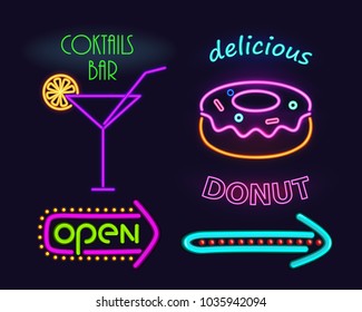 Cocktails bar and donut set, collection of neon signs with pointers and titles, glass with orange slice and bakery with cream vector illustration