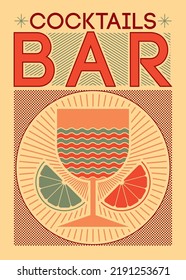 Cocktails Bar Menu graphic linear geometric pattern stylized poster, emblem, sign, badge design. Cocktail glass and citrus slices. Vector illustration.