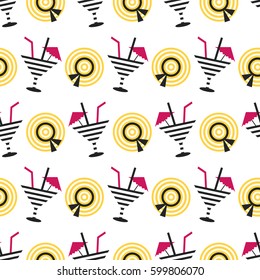 Cocktails and beach hats summer seamless pattern, isolated on white background. 80s, 90s retro style. Fashion textile design, geometric shapes. Black and yellow colors. Vector illustration