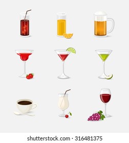 Cocktails beverages and drinks vector illustration with red wine beer cola juice cup coffee