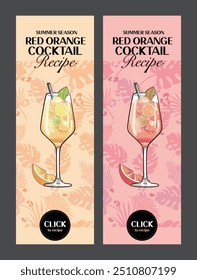 Cocktails and beverages lettering posters. Typography design. Set of flat vector illustrations. Poster, banner, cover.orange pieces, ice cubes on pattern paper cut background.