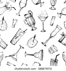 Cocktails - black and white seamless pattern with hand-drawn drinks