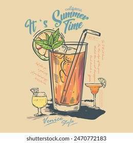 Cócteles caligrafía Tiempo de verano diseño de Vector de póster retro. tiempo de vacaciones, diseño de estilo plano de cóctel bar de verano. Antiguas boceto a lápiz. Estilo de grabado. Etiquetas, cubierta, impresión de la camiseta, pintura