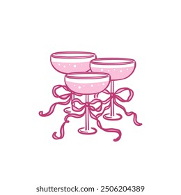 Cocktails or champagne glasses with ribbon bows in whimsical hand-drawn style. Elegant and coquette isolated saucers. Alcoholic drinks. Vector illustration