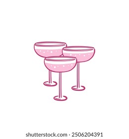 Cocktails or champagne glasses in whimsical hand-drawn style. Elegant and coquette isolated saucers. Alcoholic drinks. Vector illustration