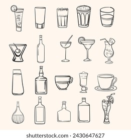 cocktails, coffee drinks and alcohol bottles with illustration style doodle and line art
