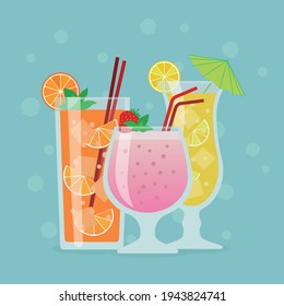 Cocktails or cold drinks on blue background. Vector illustration.