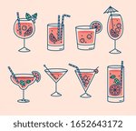 Cocktails collection, alcoholic and non-alcoholic summer drinks with ice cubes of lemon, lime, and mint. Whiskey with ice, tequila, vodka, sambuca, mojito and martini.