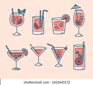 Cocktails collection, alcoholic and non-alcoholic summer drinks with ice cubes of lemon, lime, and mint. Whiskey with ice, tequila, vodka, sambuca, mojito and martini. - Shutterstock ID 1652643172