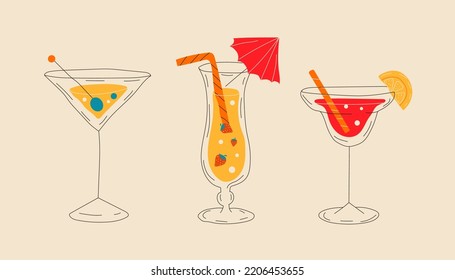 Cocktails collection, alcoholic and non-alcoholic summer drinks with ice cubes of lemon, lime, and strawberries. All elements are isolated	