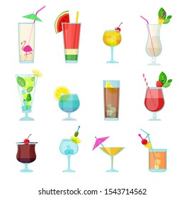 Cocktails collection. Alcoholic summer drinks liquid food in glasses mojito vodka sambuca martini vector set. Martini and mojito cocktail, liquid alcohol illustration
