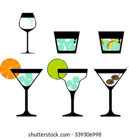 Cocktails collection. Colored vector illustrations. Ice and fruit.