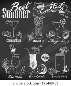 Cocktails collection with ingredients on chalkboard