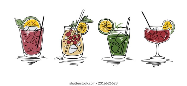 Cocktails collection line art drawing on white background. Summer drinks outline. Drinks for cafe menu vector illustration