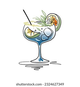 Cocktails collection line art drawing on white background. Blue summer drinks outline. Drinks for cafe or bar menu vector illustration