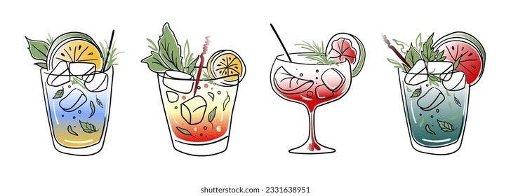Cocktails collection line art drawing on white background. Summer drinks outline. Drinks for cafe or bar menu vector illustration