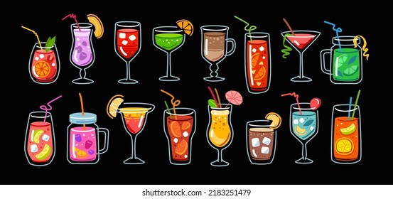 Cocktails collection, summer cold drinks. Fruit smoothies, milkshakes, juice, lemonade colored icons set. Cartoon flat