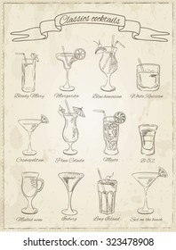 Cocktails collection. Vector Set of Sketch Cocktails and Alcohol Drinks. Margarita, Blue Lagoon, Mojito, Cosmopolitan, Pina Colada, Bloody Mary, Mulled wine, 