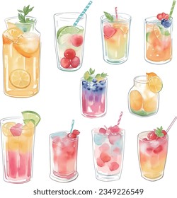 Cocktails collection. Watercolor hand drawn illustration isolated on white background