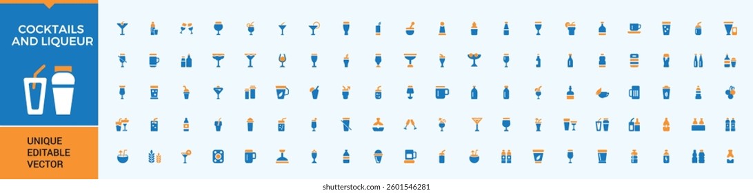 Cocktails colorful filled icon collection. Includes symbols for drink, wine, martini, champagne, whiskey and more. Icons for website. Beverage icon set in filled style. Editable vector.