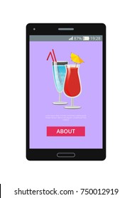 Cocktails decorated with straws and lemon, shown on phone screen in mobile application vector illustration of online application with button about