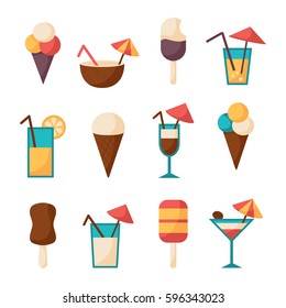 Cocktails and delicious  ice cream icons set. Isolated vector illustration. 