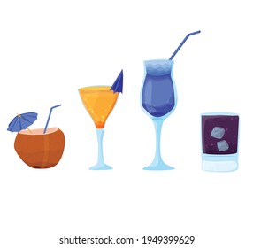 cocktails in different glasses isolated on white background. bar card. summer beach cocktails. cocktail in coconut. popular cocktails for the menu. vector