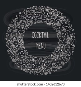 Cocktails doodle alcohol drinks round frame design