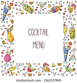 Cocktails doodle colorful alcohol drinks square vector frame icons collection