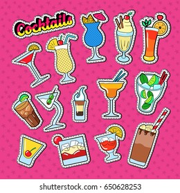 Cocktails Doodle with Different Beverages. Stickers, Badges and Patches with Drinks. Vector illustration