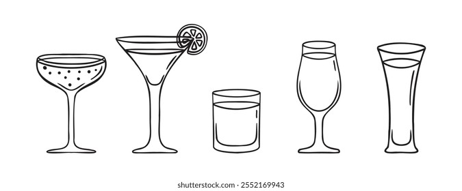 Cocktails doodle hand drawn icon set. Outline drawing cocktails line clipart symbol. Black and white sketch. Vector illustration