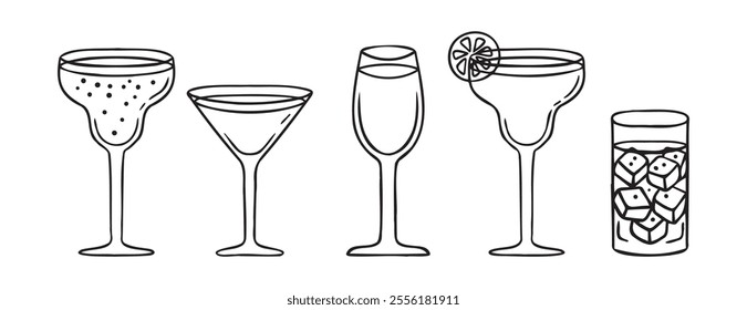 Cocktails doodle hand drawn icon set. Outline drawing cocktails line clipart symbol. Black and white sketch. Vector illustration