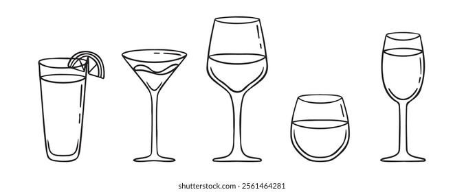Cocktails doodle hand drawn icon set. Outline drawing cocktails line clipart symbol. Black and white sketch. Vector illustration