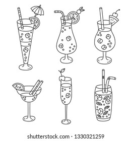 Cocktails doodle line icons vector set